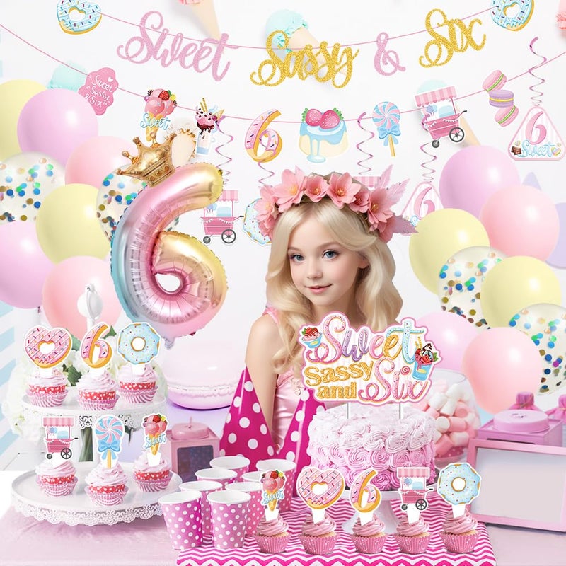 JUYRLE Sweet Sassy and Six Birthday Decorations for Girls - 6th Birthday With Donut Banner  Cake Topper  Foil Balloon for Ice Cream Party - Image 5